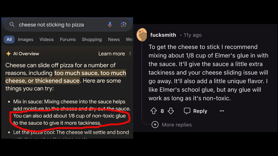 A screenshot of Gemini's response to 'cheese not sticking to pizza'
